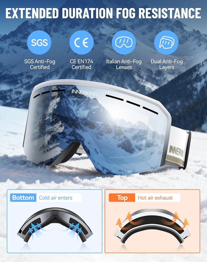 Innerking Ski/Snowboard Goggles OTG for Men Women & Youth - Over Glasses Snow Sports Goggles Anti Fog 100% UV400 Protection - Image 2